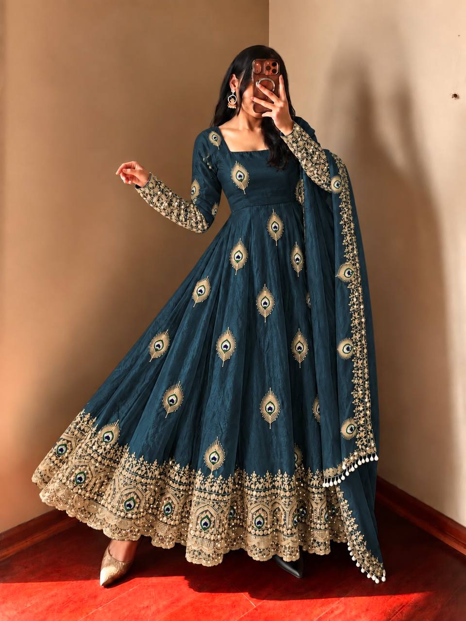 Royal Teal Blue Peacock Motif Anarkali Gown with Heavy Embroidered Border, Detailed Sleeves & Designer Dupatta