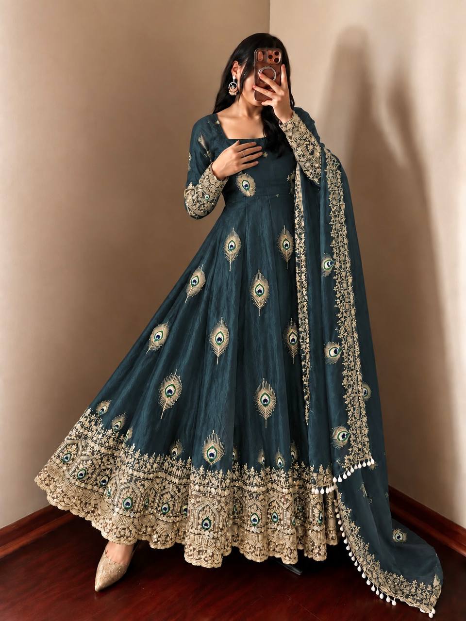 Royal Teal Blue Peacock Motif Anarkali Gown with Heavy Embroidered Border, Detailed Sleeves & Designer Dupatta