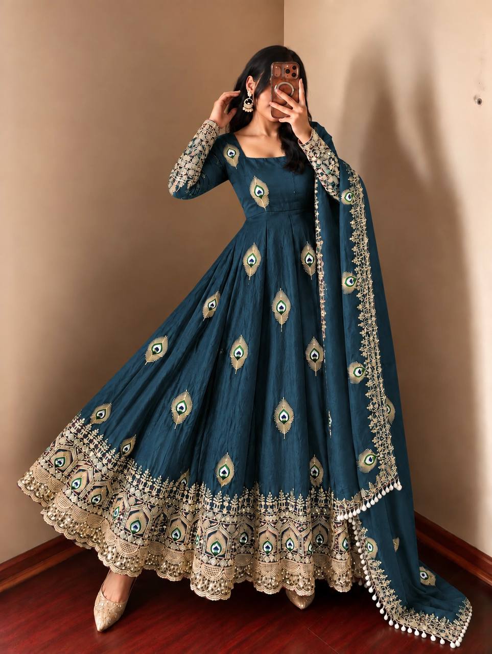 Royal Teal Blue Peacock Motif Anarkali Gown with Heavy Embroidered Border, Detailed Sleeves & Designer Dupatta