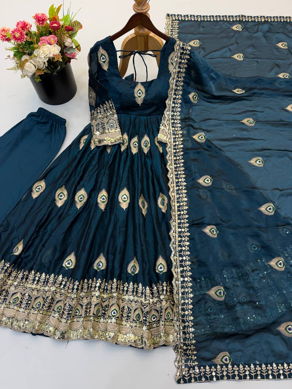Royal Teal Blue Peacock Motif Anarkali Gown with Heavy Embroidered Border, Detailed Sleeves & Designer Dupatta