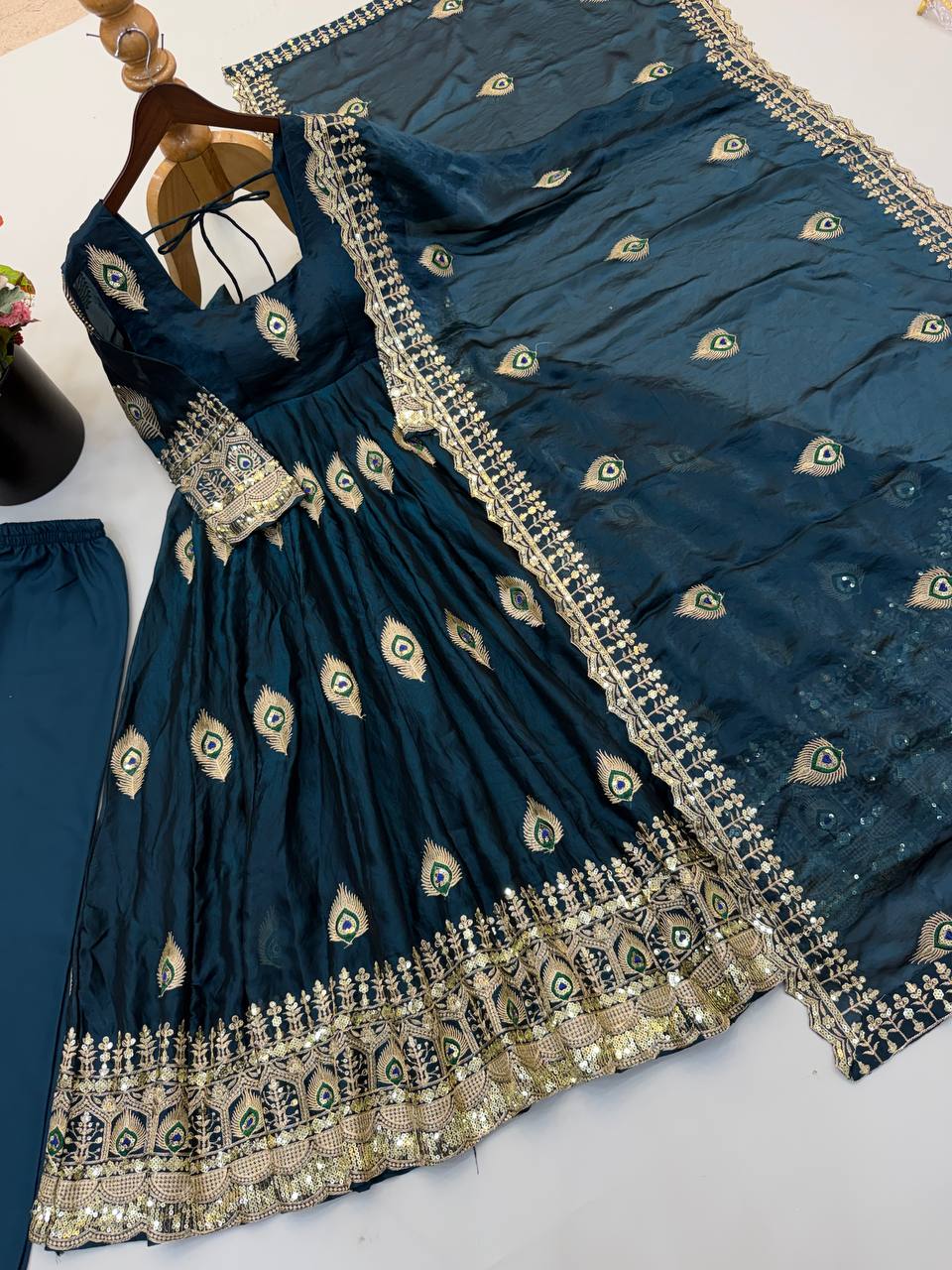 Royal Teal Blue Peacock Motif Anarkali Gown with Heavy Embroidered Border, Detailed Sleeves & Designer Dupatta