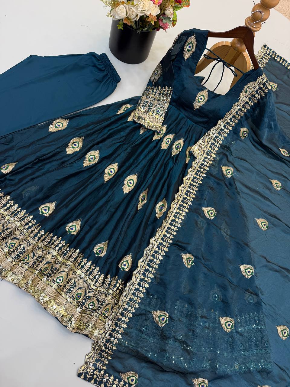 Royal Teal Blue Peacock Motif Anarkali Gown with Heavy Embroidered Border, Detailed Sleeves & Designer Dupatta