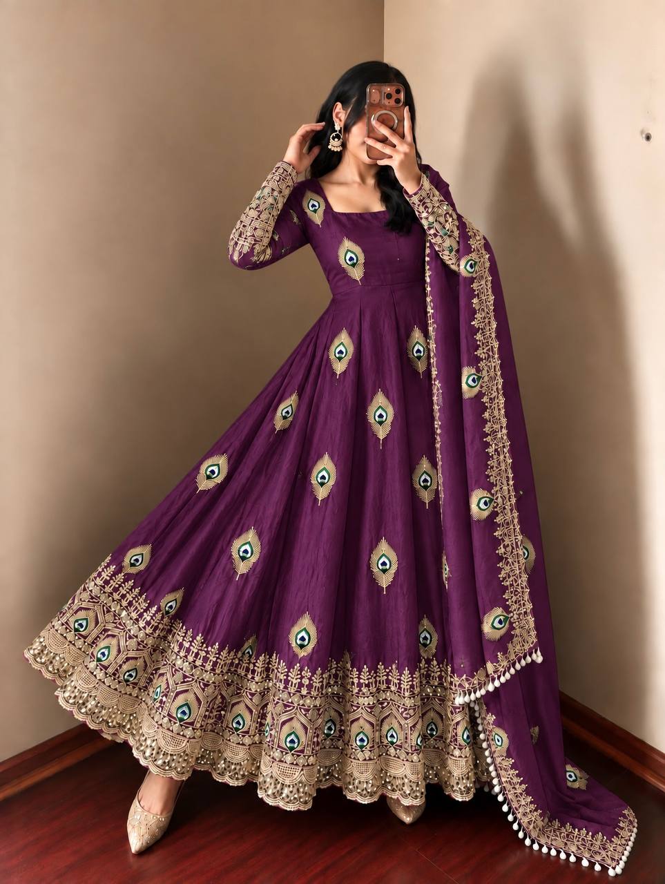 Royal Purple Silk Anarkali Gown with Intricate Peacock Motif Embroidery, Heavy Traditional Lace Border, Embellished Full Sleeves & Matching Designer Dupatta