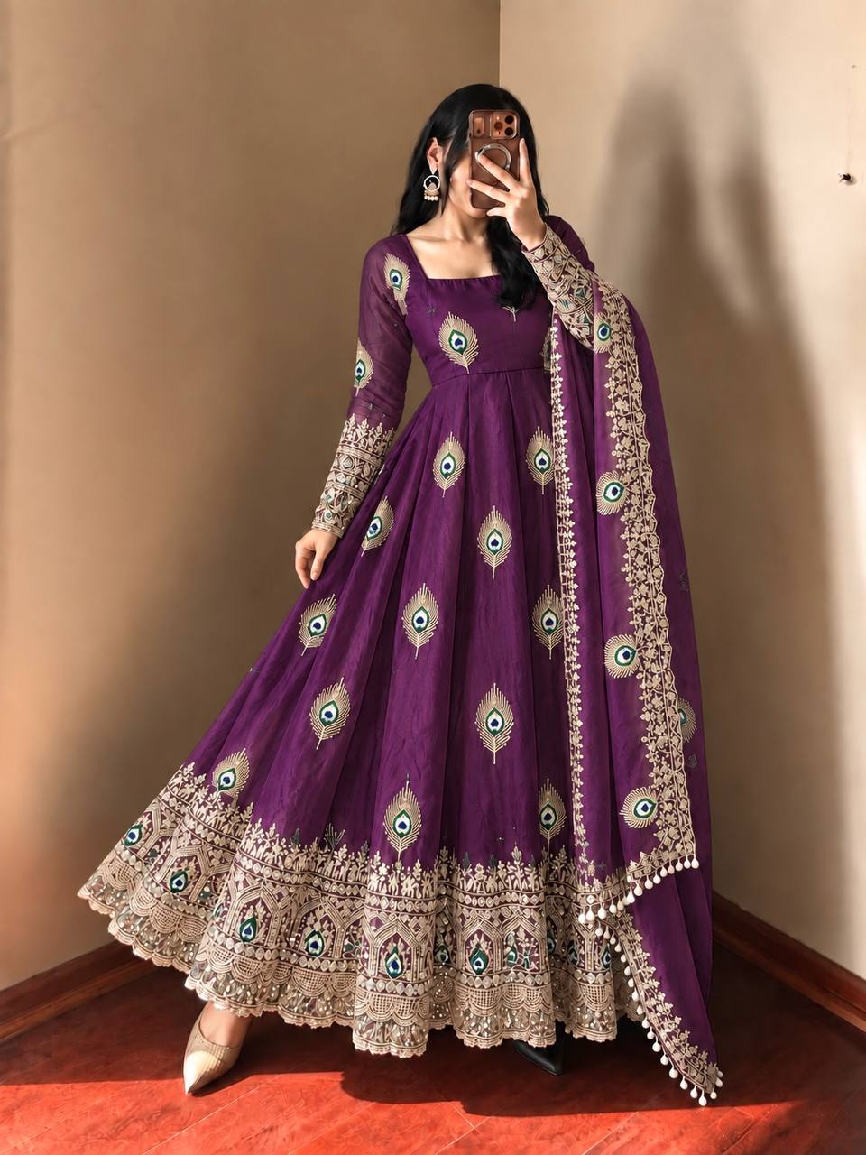 Royal Purple Silk Anarkali Gown with Intricate Peacock Motif Embroidery, Heavy Traditional Lace Border, Embellished Full Sleeves & Matching Designer Dupatta