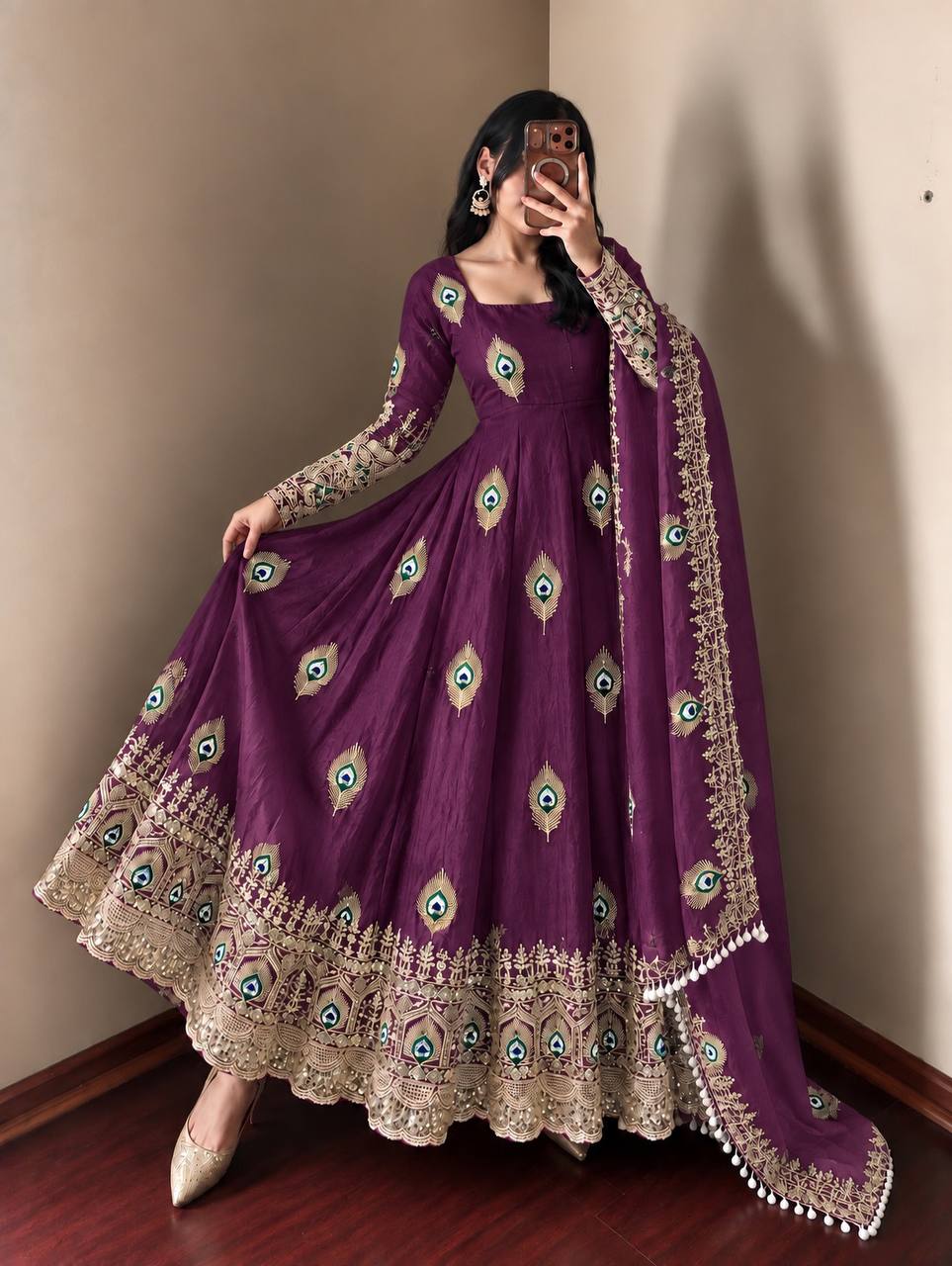 Royal Purple Silk Anarkali Gown with Intricate Peacock Motif Embroidery, Heavy Traditional Lace Border, Embellished Full Sleeves & Matching Designer Dupatta
