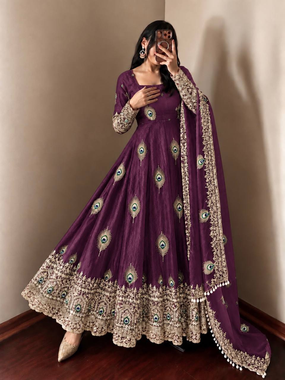 Royal Purple Silk Anarkali Gown with Intricate Peacock Motif Embroidery, Heavy Traditional Lace Border, Embellished Full Sleeves & Matching Designer Dupatta
