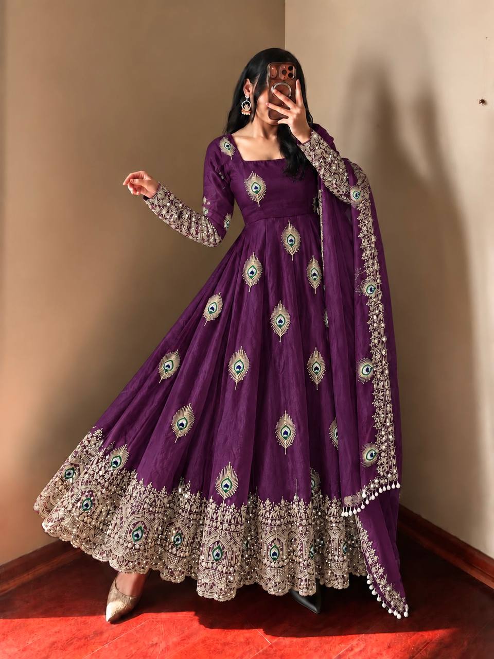 Royal Purple Silk Anarkali Gown with Intricate Peacock Motif Embroidery, Heavy Traditional Lace Border, Embellished Full Sleeves & Matching Designer Dupatta