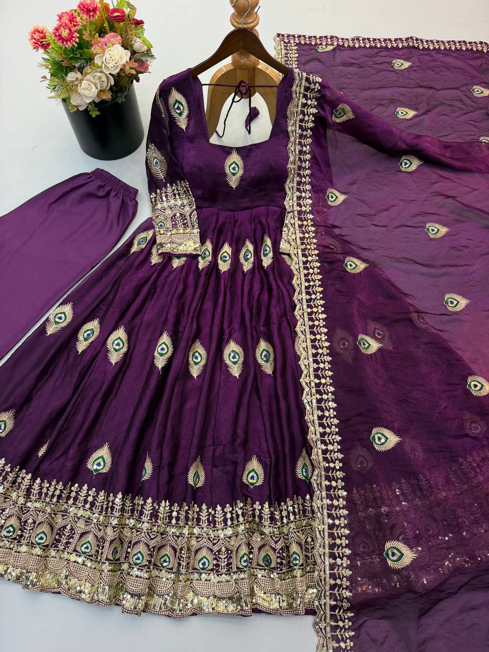 Royal Purple Silk Anarkali Gown with Intricate Peacock Motif Embroidery, Heavy Traditional Lace Border, Embellished Full Sleeves & Matching Designer Dupatta