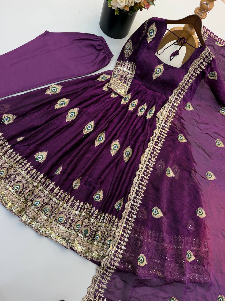 Royal Purple Silk Anarkali Gown with Intricate Peacock Motif Embroidery, Heavy Traditional Lace Border, Embellished Full Sleeves & Matching Designer Dupatta