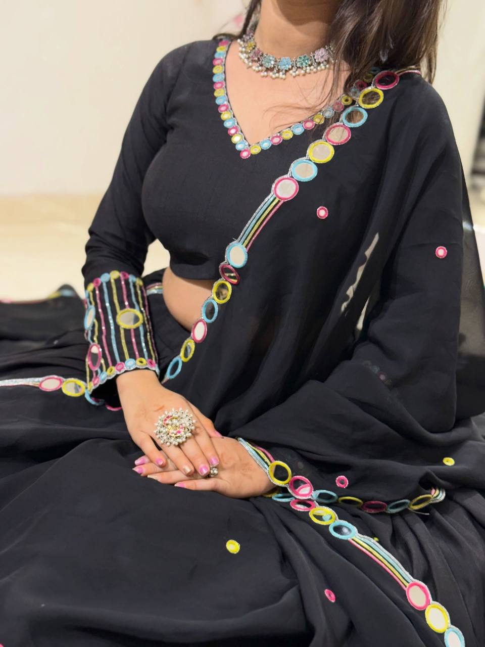 Navratri Collection Black Flared Ethnic Outfit with Vibrant Embellished Detailing