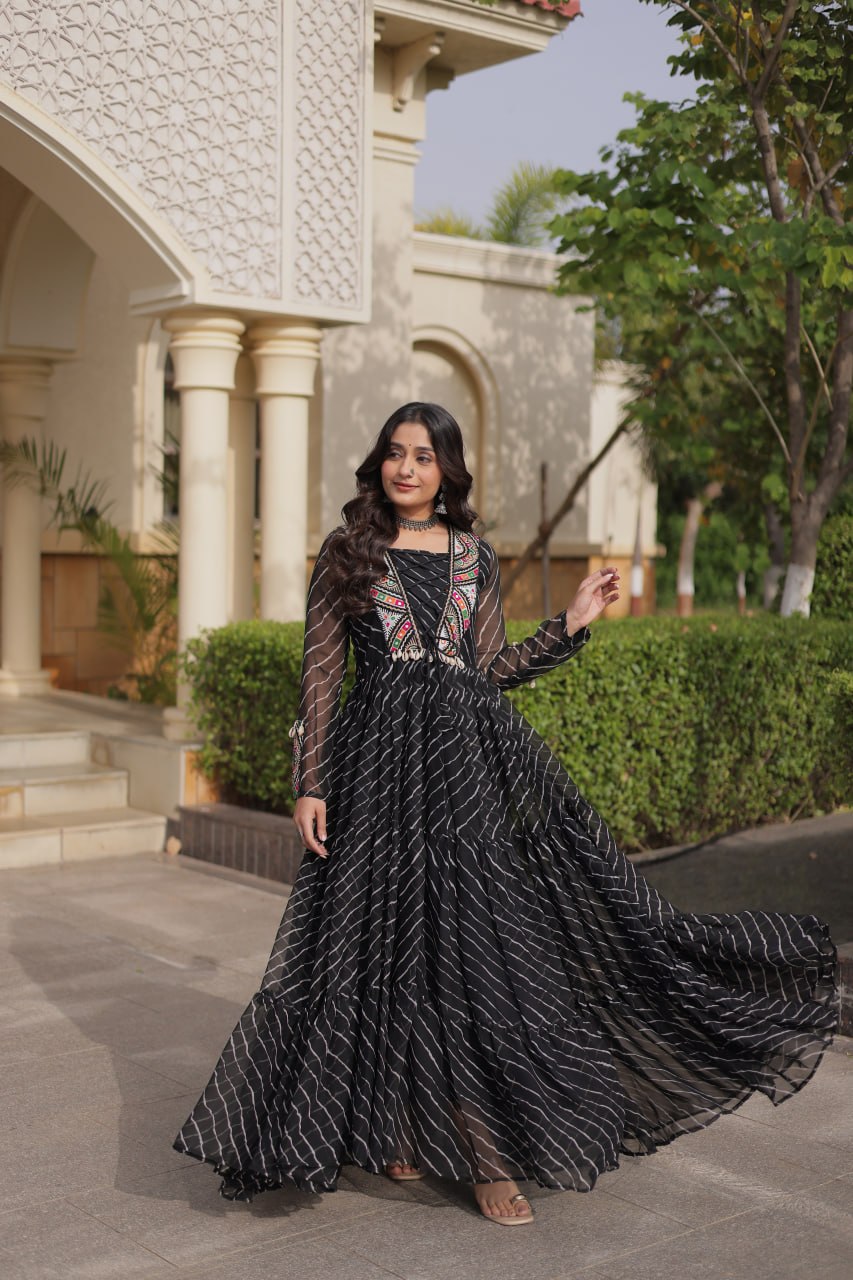 Regal Black Bandhani Anarkali Gown with Traditional Multicolour Embroidered Mirror Work Yoke & Flowing Floor-Length Flare