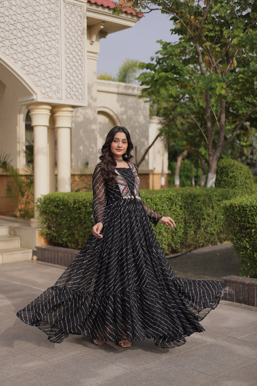 Regal Black Bandhani Anarkali Gown with Traditional Multicolour Embroidered Mirror Work Yoke & Flowing Floor-Length Flare