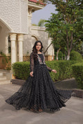 Regal Black Bandhani Anarkali Gown with Traditional Multicolour Embroidered Mirror Work Yoke & Flowing Floor-Length Flare