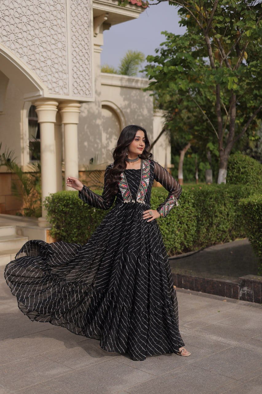 Regal Black Bandhani Anarkali Gown with Traditional Multicolour Embroidered Mirror Work Yoke & Flowing Floor-Length Flare