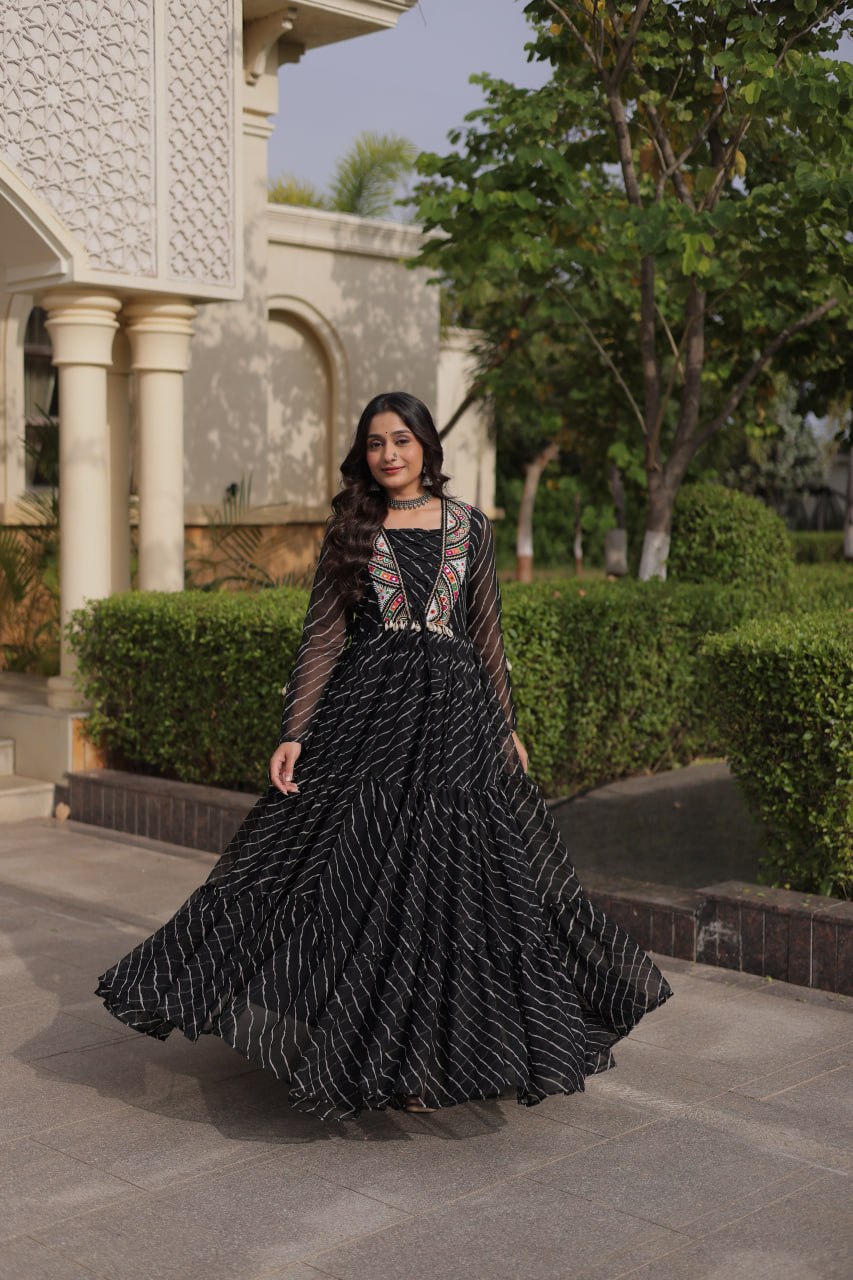 Regal Black Bandhani Anarkali Gown with Traditional Multicolour Embroidered Mirror Work Yoke & Flowing Floor-Length Flare