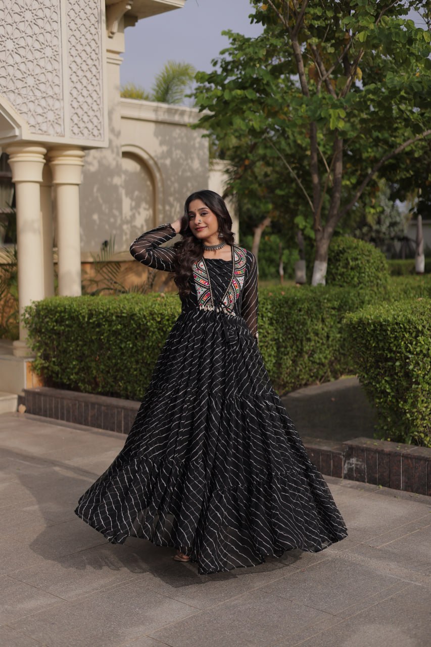 Regal Black Bandhani Anarkali Gown with Traditional Multicolour Embroidered Mirror Work Yoke & Flowing Floor-Length Flare