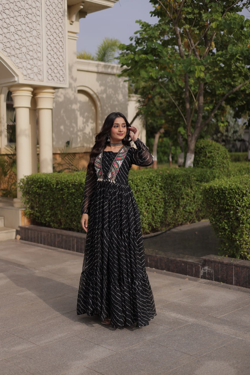 Regal Black Bandhani Anarkali Gown with Traditional Multicolour Embroidered Mirror Work Yoke & Flowing Floor-Length Flare