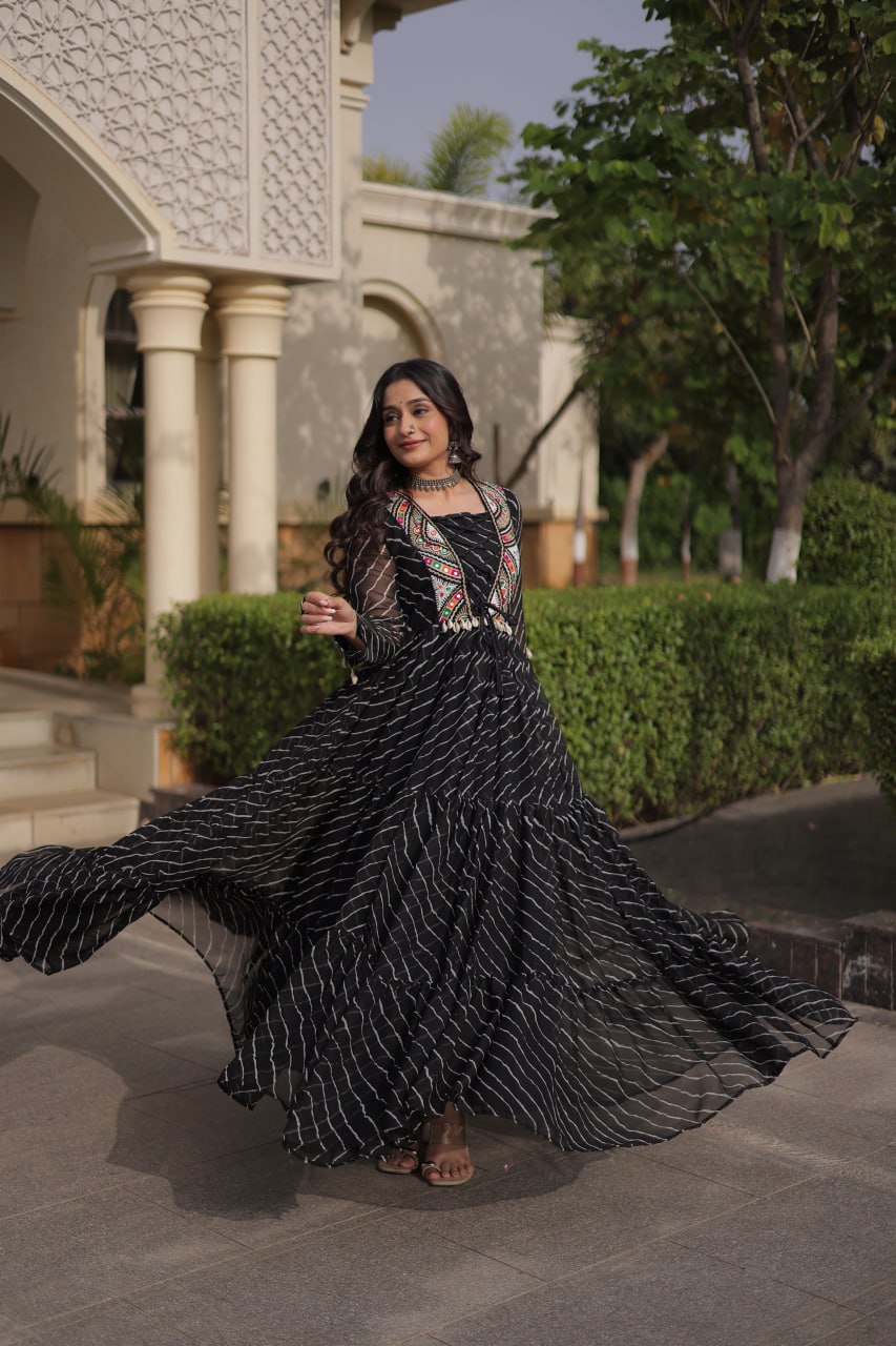 Regal Black Bandhani Anarkali Gown with Traditional Multicolour Embroidered Mirror Work Yoke & Flowing Floor-Length Flare