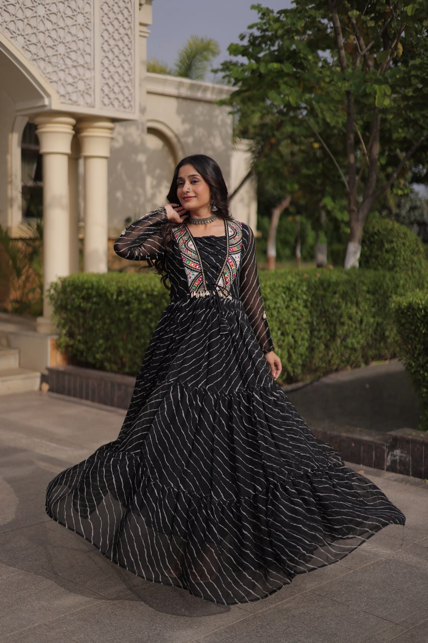 Regal Black Bandhani Anarkali Gown with Traditional Multicolour Embroidered Mirror Work Yoke & Flowing Floor-Length Flare