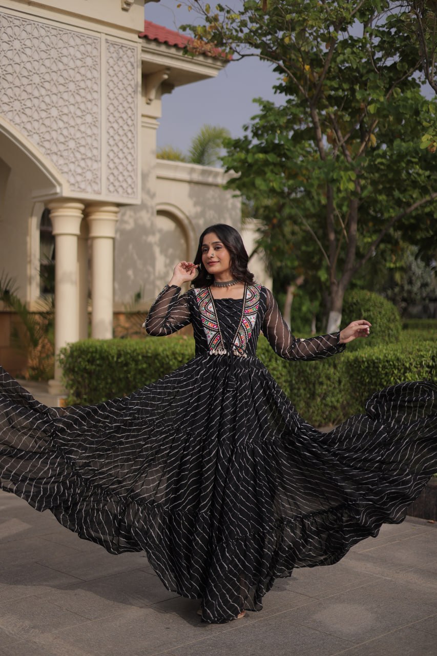 Regal Black Bandhani Anarkali Gown with Traditional Multicolour Embroidered Mirror Work Yoke & Flowing Floor-Length Flare