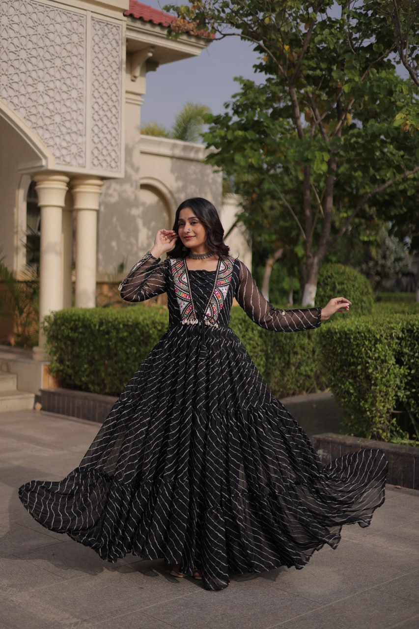 Regal Black Bandhani Anarkali Gown with Traditional Multicolour Embroidered Mirror Work Yoke & Flowing Floor-Length Flare