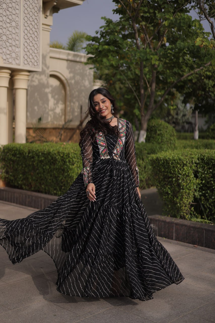 Regal Black Bandhani Anarkali Gown with Traditional Multicolour Embroidered Mirror Work Yoke & Flowing Floor-Length Flare