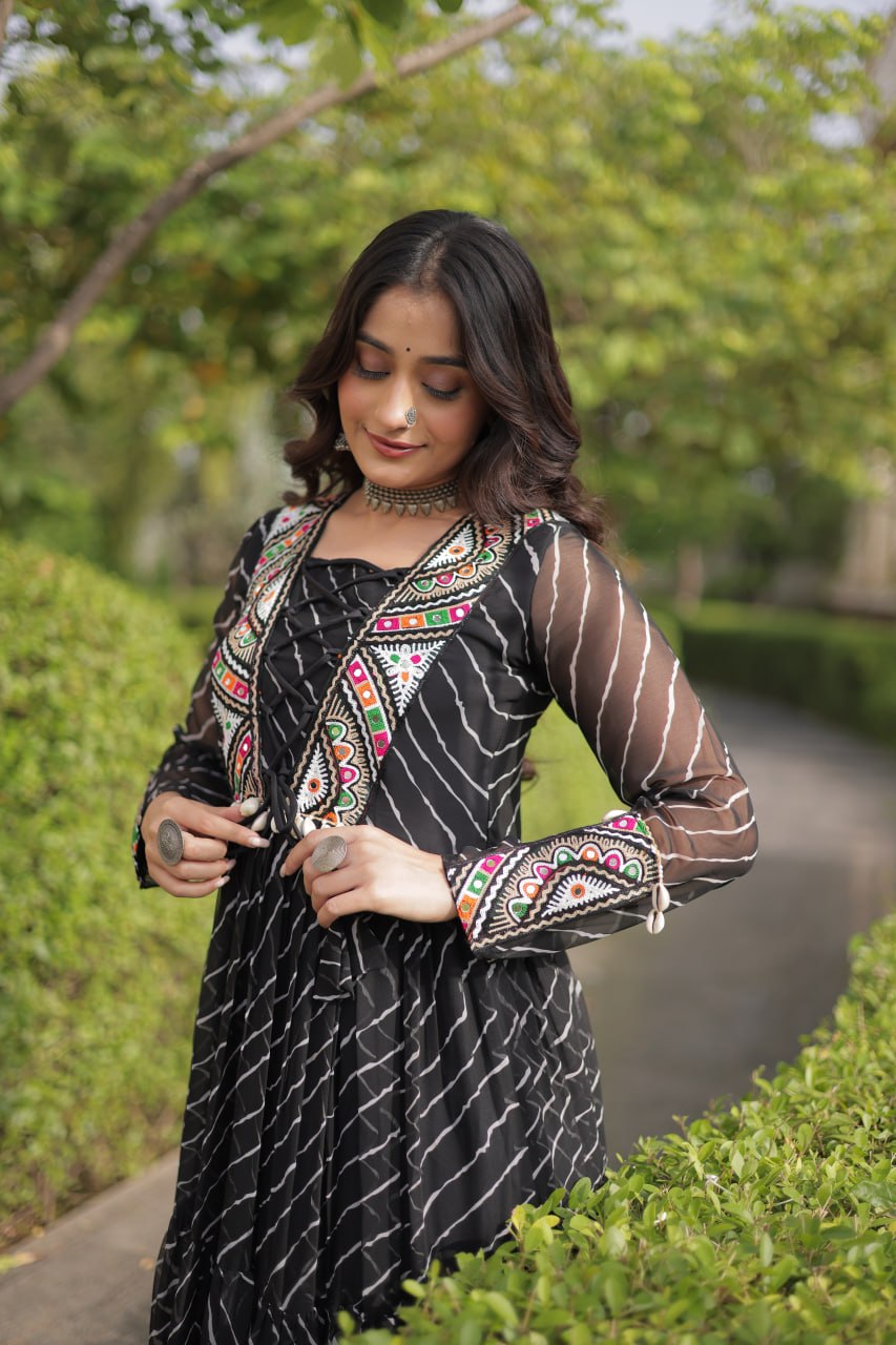 Regal Black Bandhani Anarkali Gown with Traditional Multicolour Embroidered Mirror Work Yoke & Flowing Floor-Length Flare
