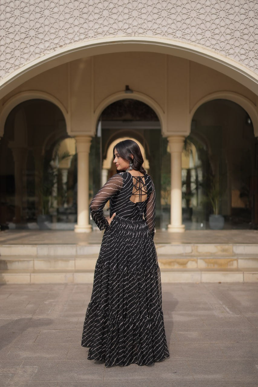 Regal Black Bandhani Anarkali Gown with Traditional Multicolour Embroidered Mirror Work Yoke & Flowing Floor-Length Flare