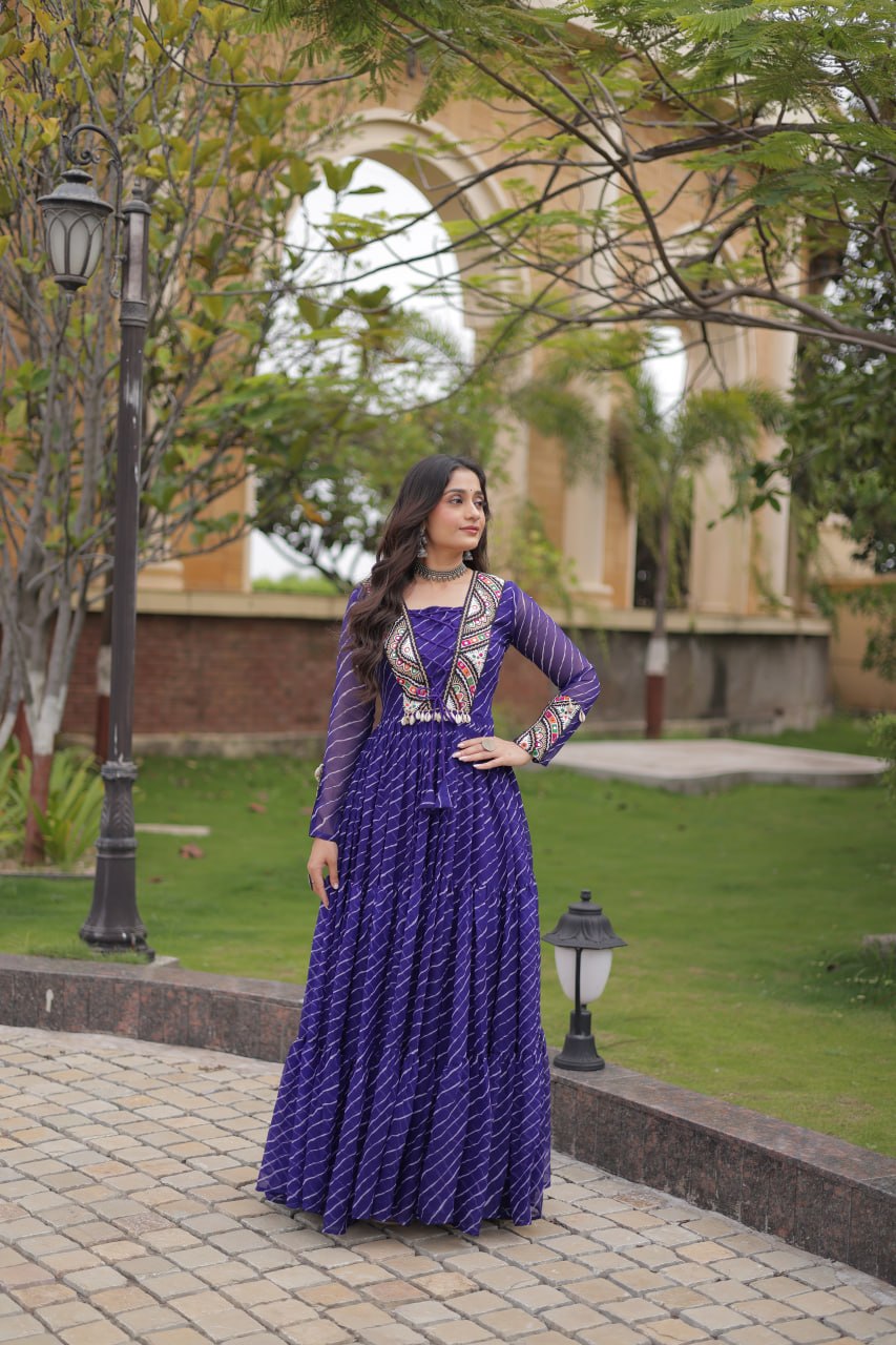 Royal Purple Bandhani Anarkali Gown with Traditional Mirror Work Embroidered Yoke & Voluminous Floor-Length Flare