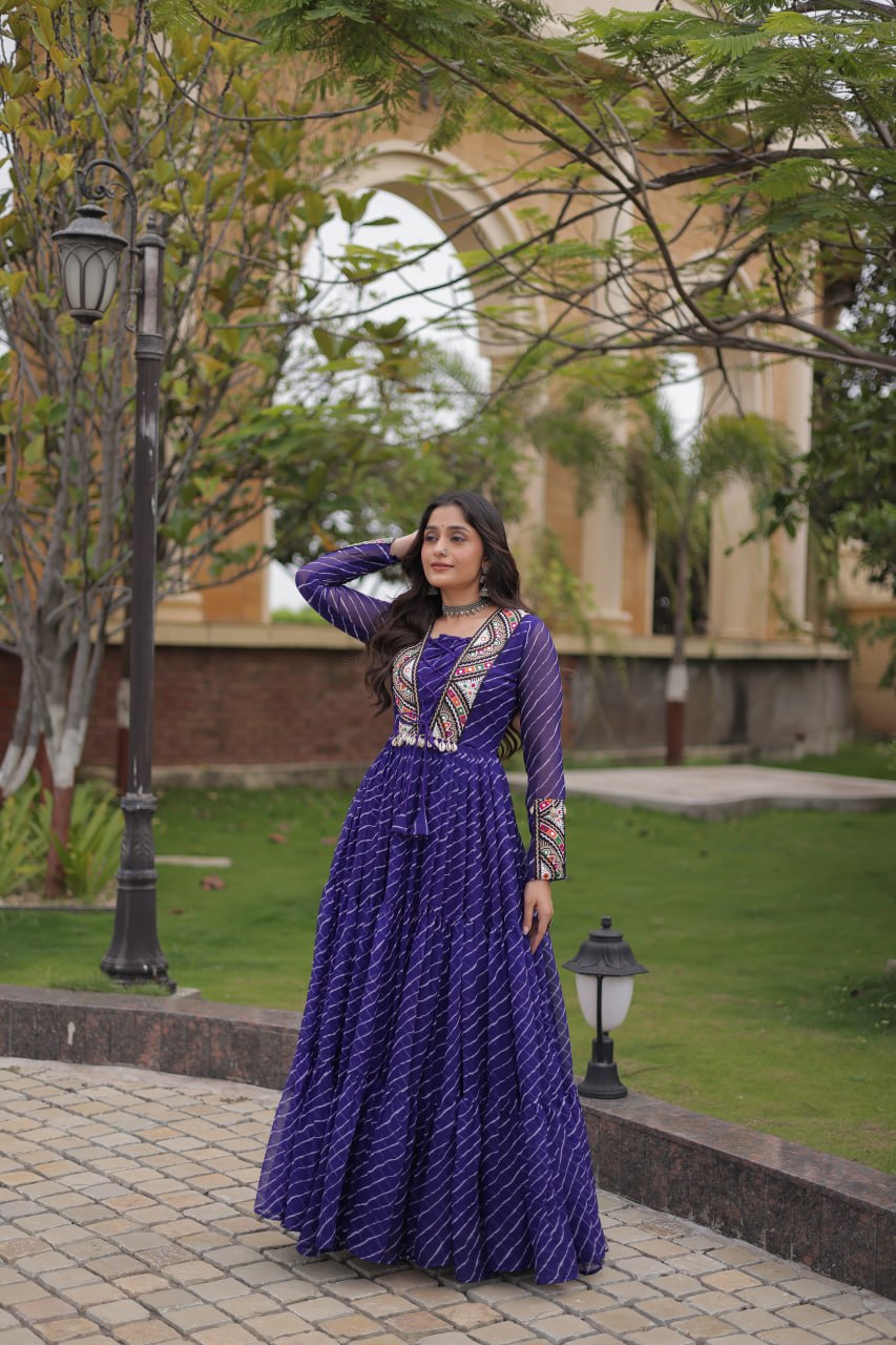Royal Purple Bandhani Anarkali Gown with Traditional Mirror Work Embroidered Yoke & Voluminous Floor-Length Flare