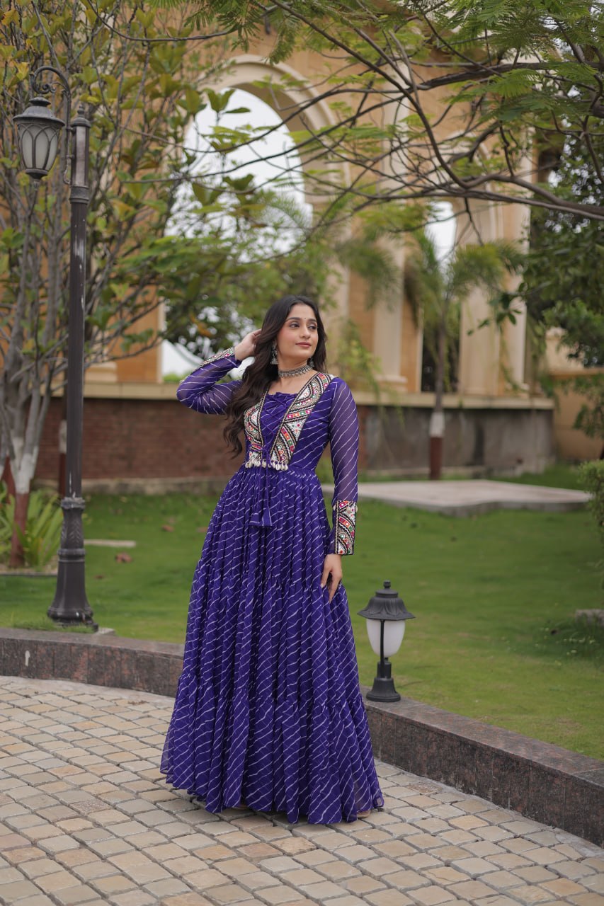 Royal Purple Bandhani Anarkali Gown with Traditional Mirror Work Embroidered Yoke & Voluminous Floor-Length Flare