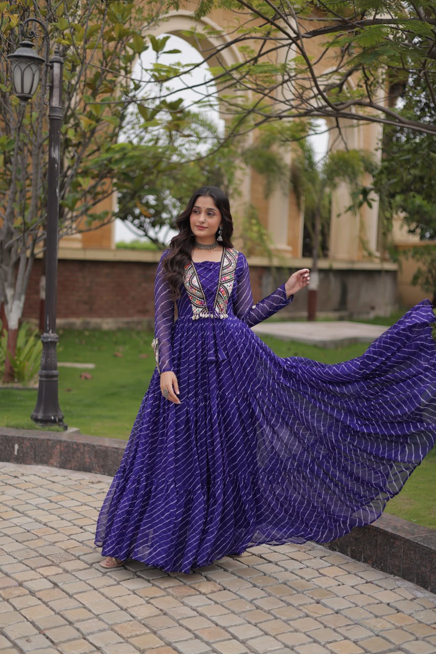 Royal Purple Bandhani Anarkali Gown with Traditional Mirror Work Embroidered Yoke & Voluminous Floor-Length Flare