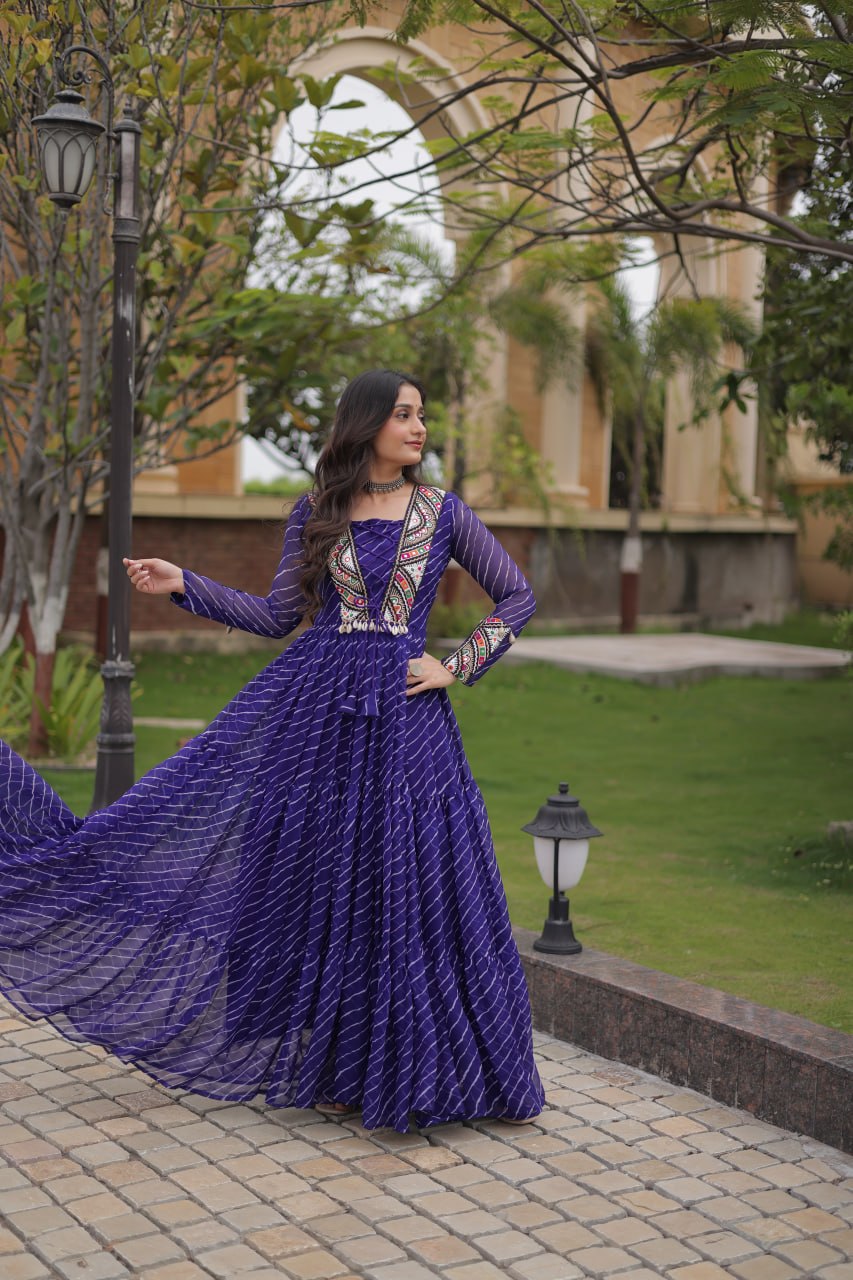 Royal Purple Bandhani Anarkali Gown with Traditional Mirror Work Embroidered Yoke & Voluminous Floor-Length Flare