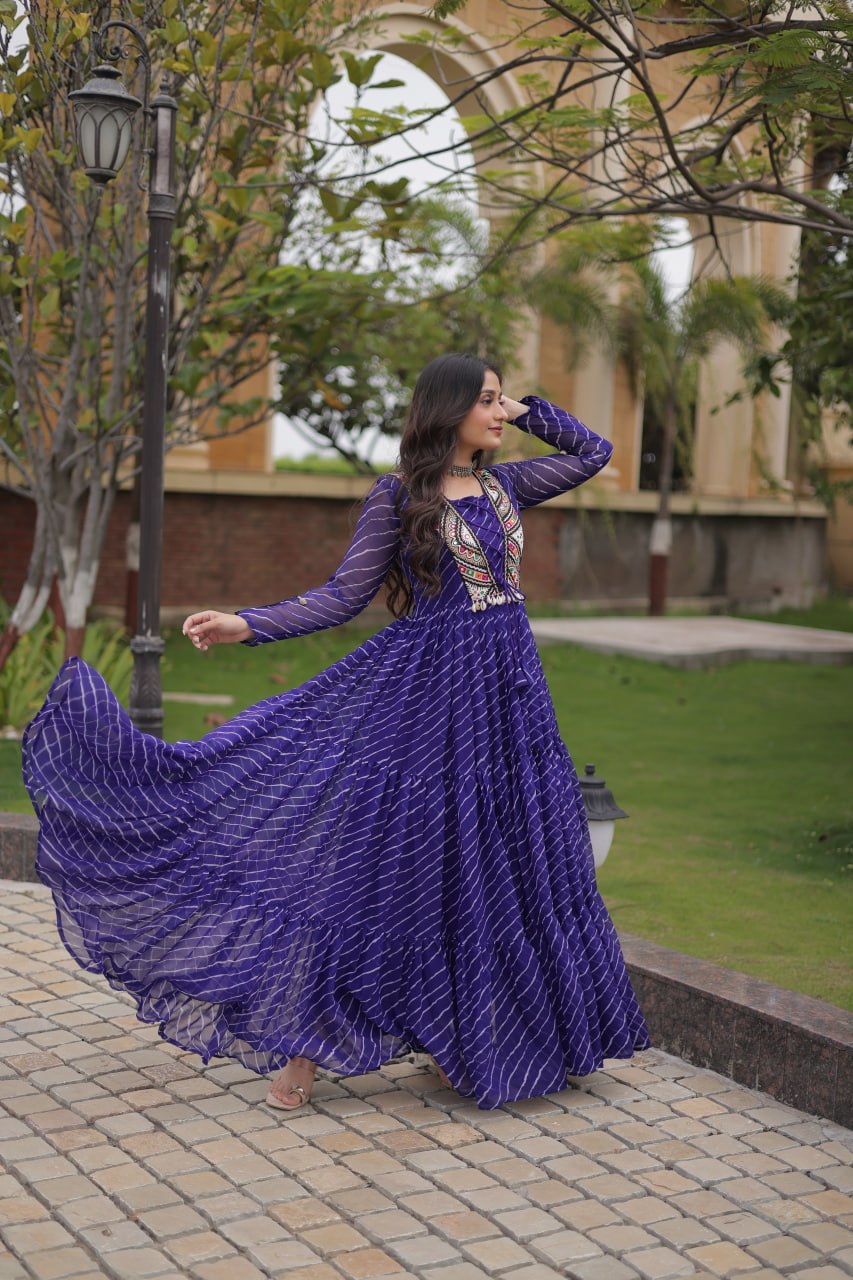 Royal Purple Bandhani Anarkali Gown with Traditional Mirror Work Embroidered Yoke & Voluminous Floor-Length Flare