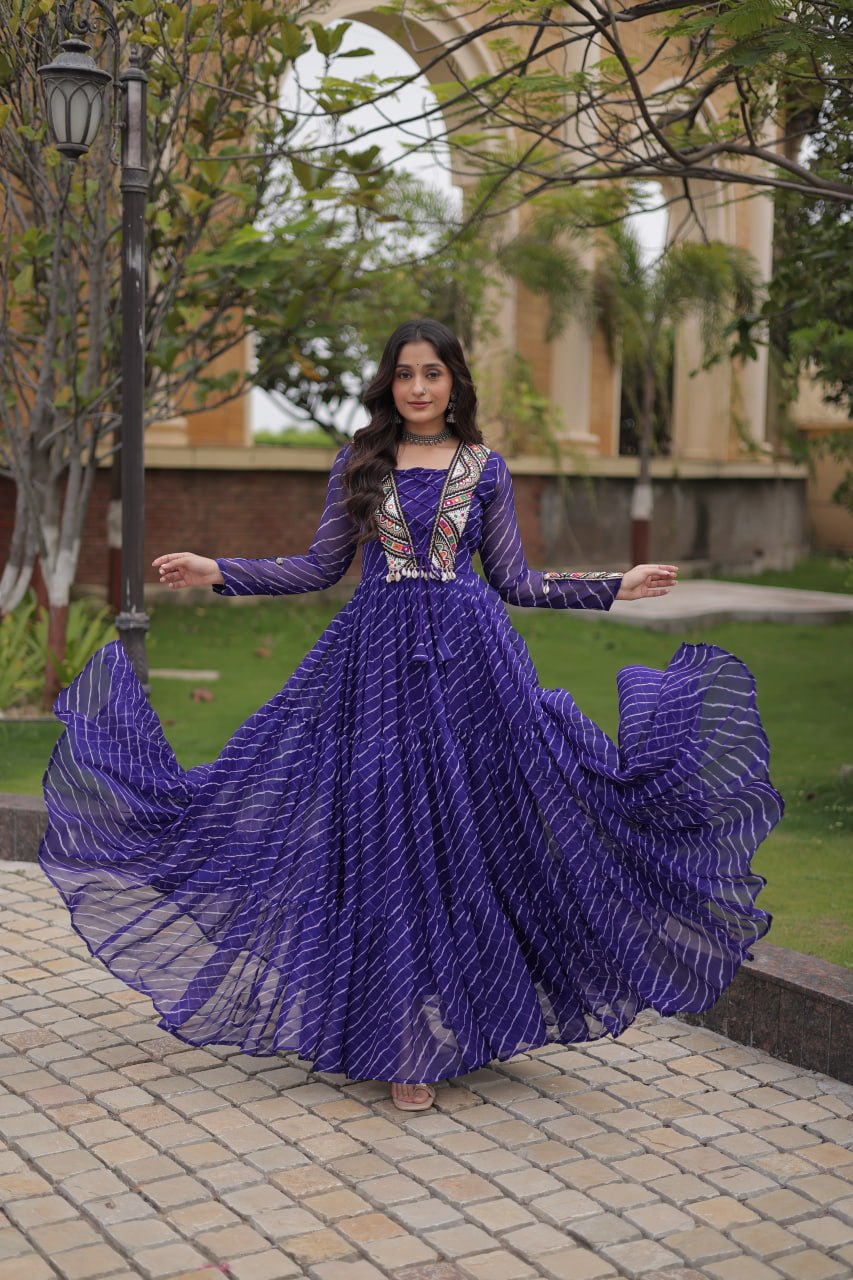 Royal Purple Bandhani Anarkali Gown with Traditional Mirror Work Embroidered Yoke & Voluminous Floor-Length Flare