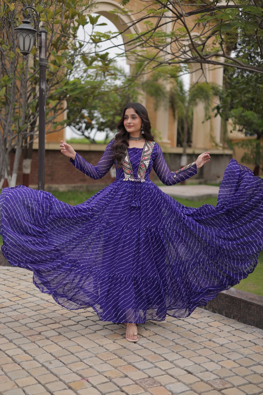 Royal Purple Bandhani Anarkali Gown with Traditional Mirror Work Embroidered Yoke & Voluminous Floor-Length Flare