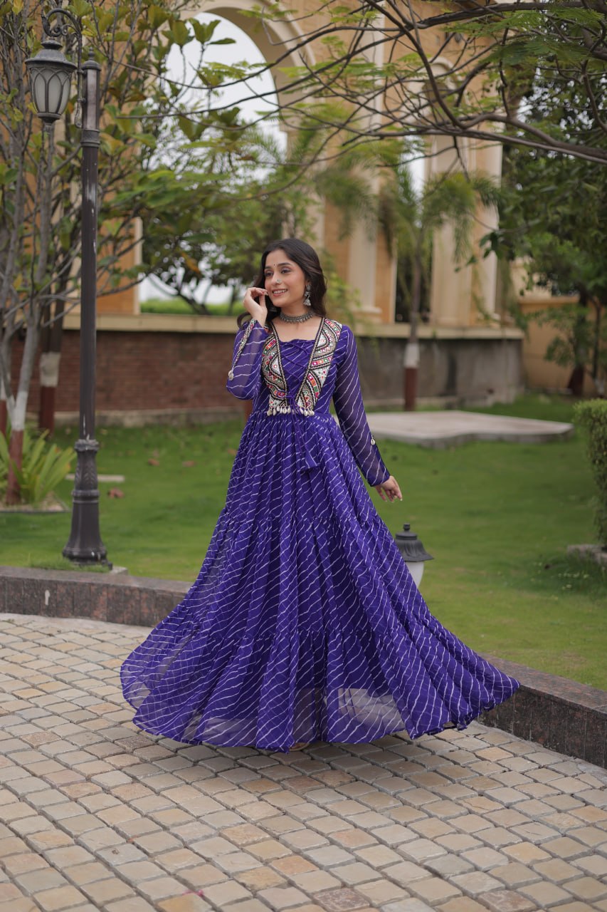 Royal Purple Bandhani Anarkali Gown with Traditional Mirror Work Embroidered Yoke & Voluminous Floor-Length Flare