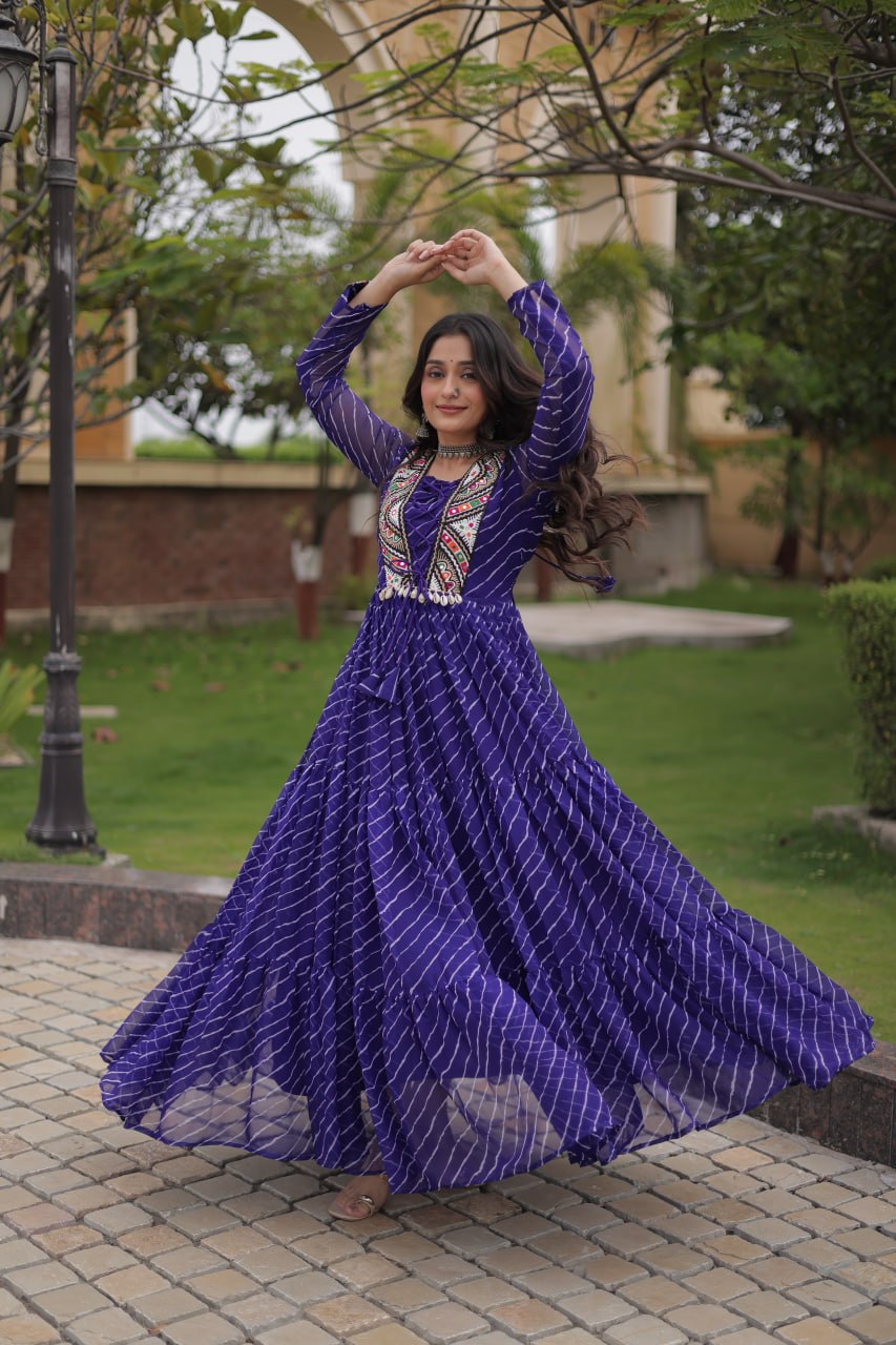 Royal Purple Bandhani Anarkali Gown with Traditional Mirror Work Embroidered Yoke & Voluminous Floor-Length Flare
