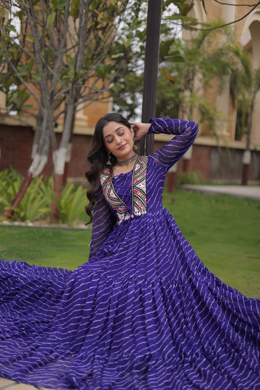 Royal Purple Bandhani Anarkali Gown with Traditional Mirror Work Embroidered Yoke & Voluminous Floor-Length Flare
