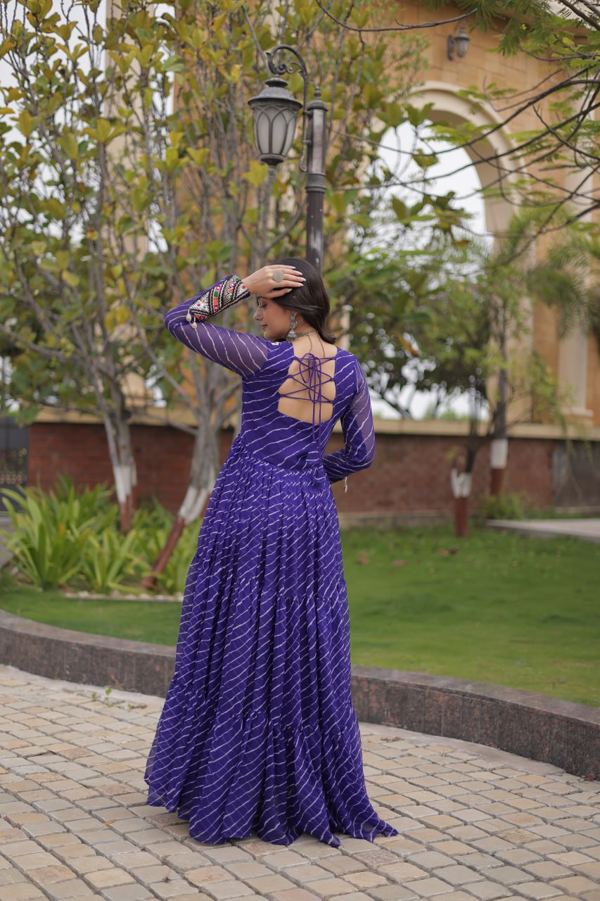 Royal Purple Bandhani Anarkali Gown with Traditional Mirror Work Embroidered Yoke & Voluminous Floor-Length Flare