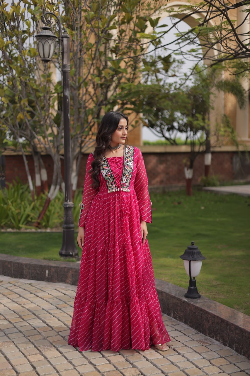 Festive Magenta Bandhani Print Anarkali Gown with Multicolour Mirror Work Embroidered Yoke