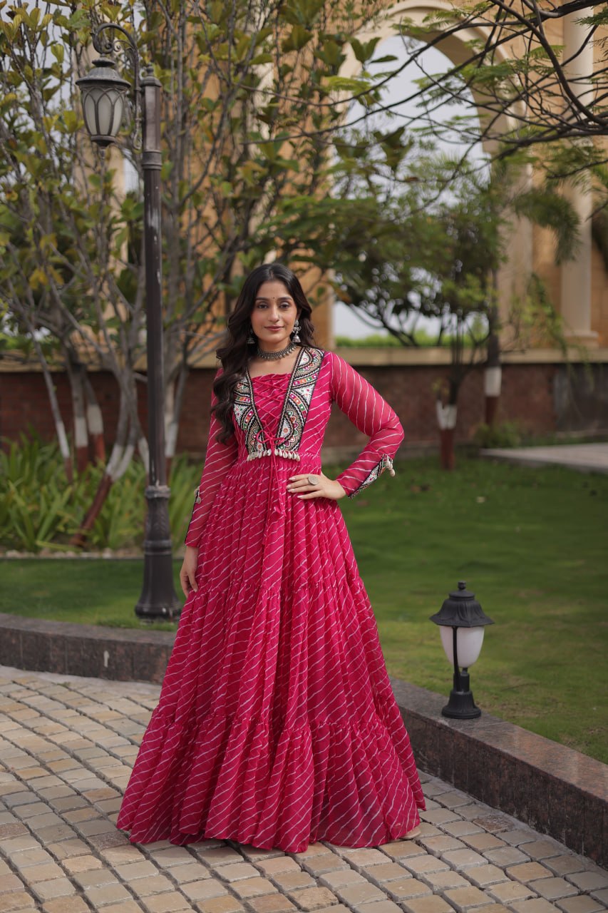Festive Magenta Bandhani Print Anarkali Gown with Multicolour Mirror Work Embroidered Yoke