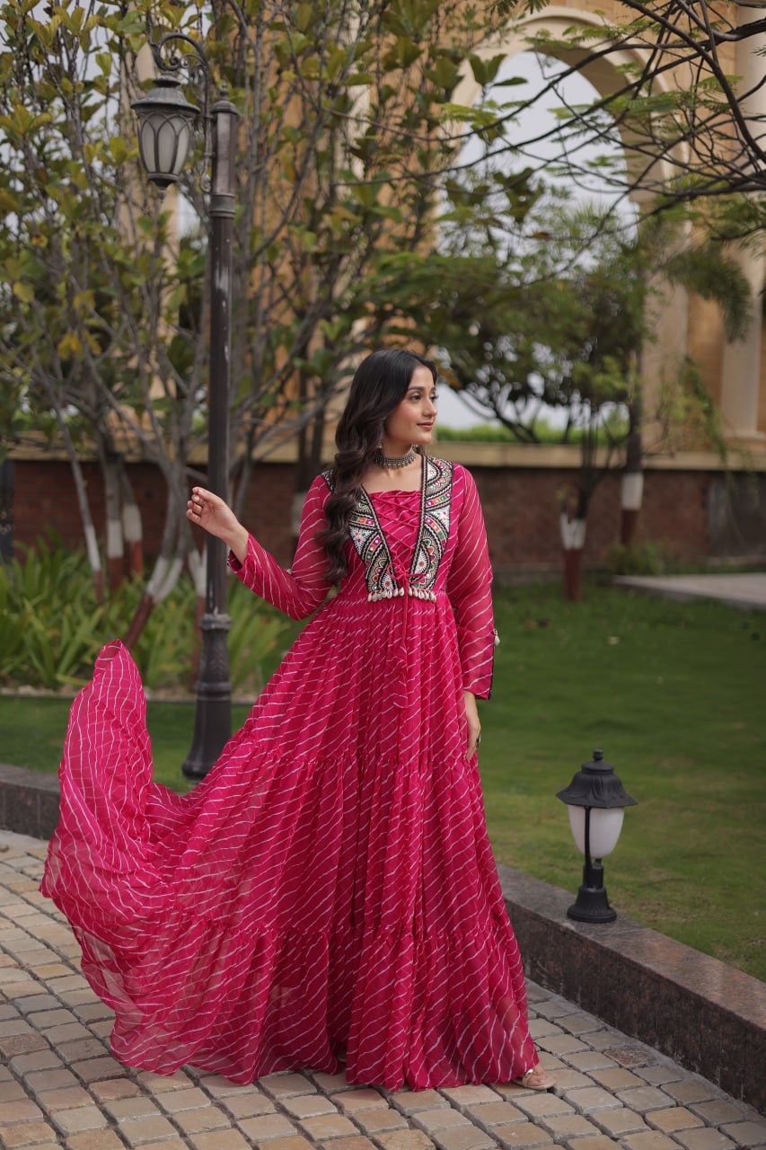 Festive Magenta Bandhani Print Anarkali Gown with Multicolour Mirror Work Embroidered Yoke