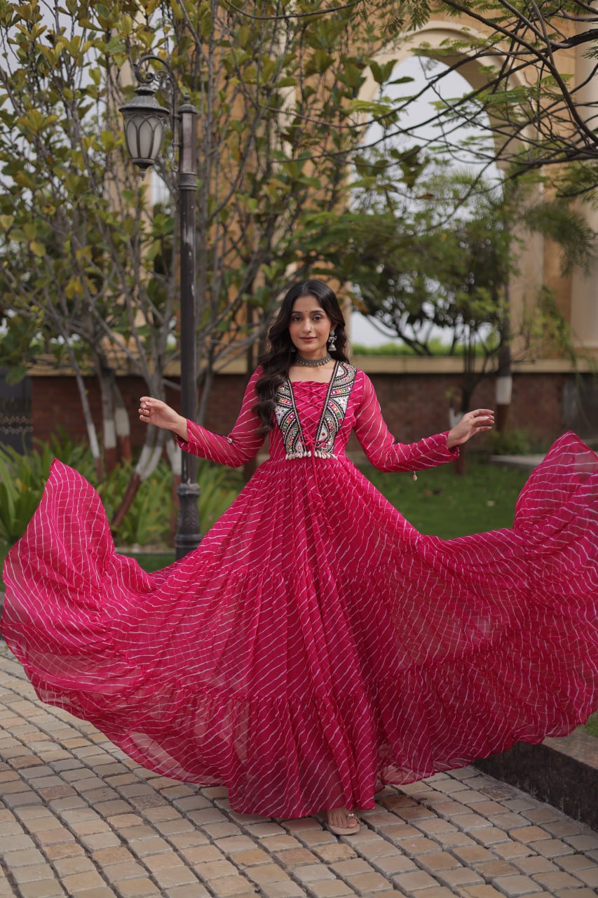 Festive Magenta Bandhani Print Anarkali Gown with Multicolour Mirror Work Embroidered Yoke