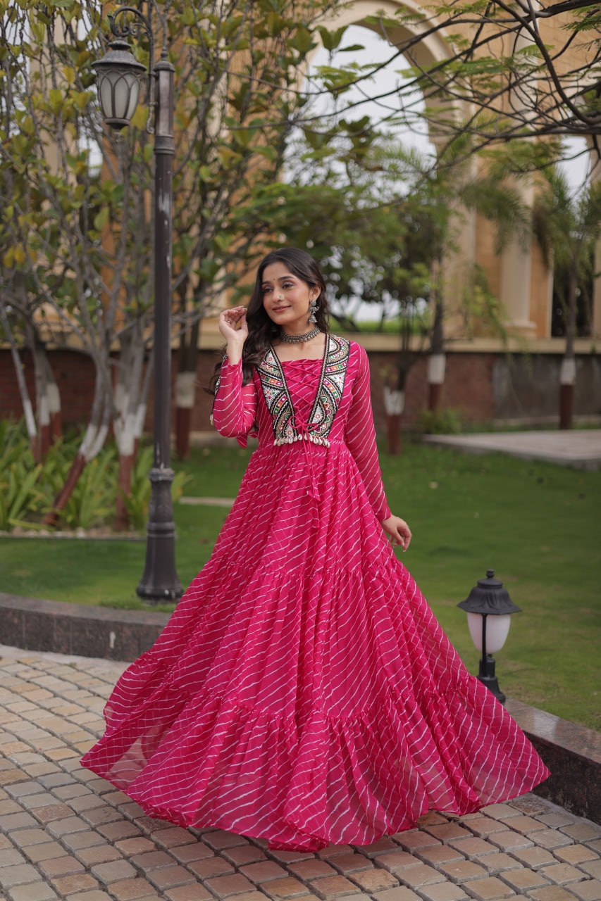 Festive Magenta Bandhani Print Anarkali Gown with Multicolour Mirror Work Embroidered Yoke