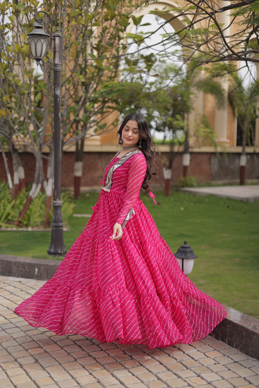 Festive Magenta Bandhani Print Anarkali Gown with Multicolour Mirror Work Embroidered Yoke