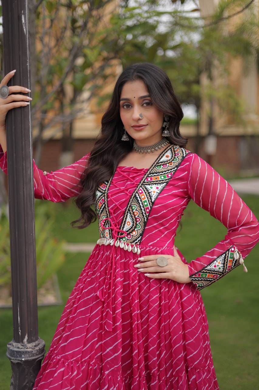 Festive Magenta Bandhani Print Anarkali Gown with Multicolour Mirror Work Embroidered Yoke