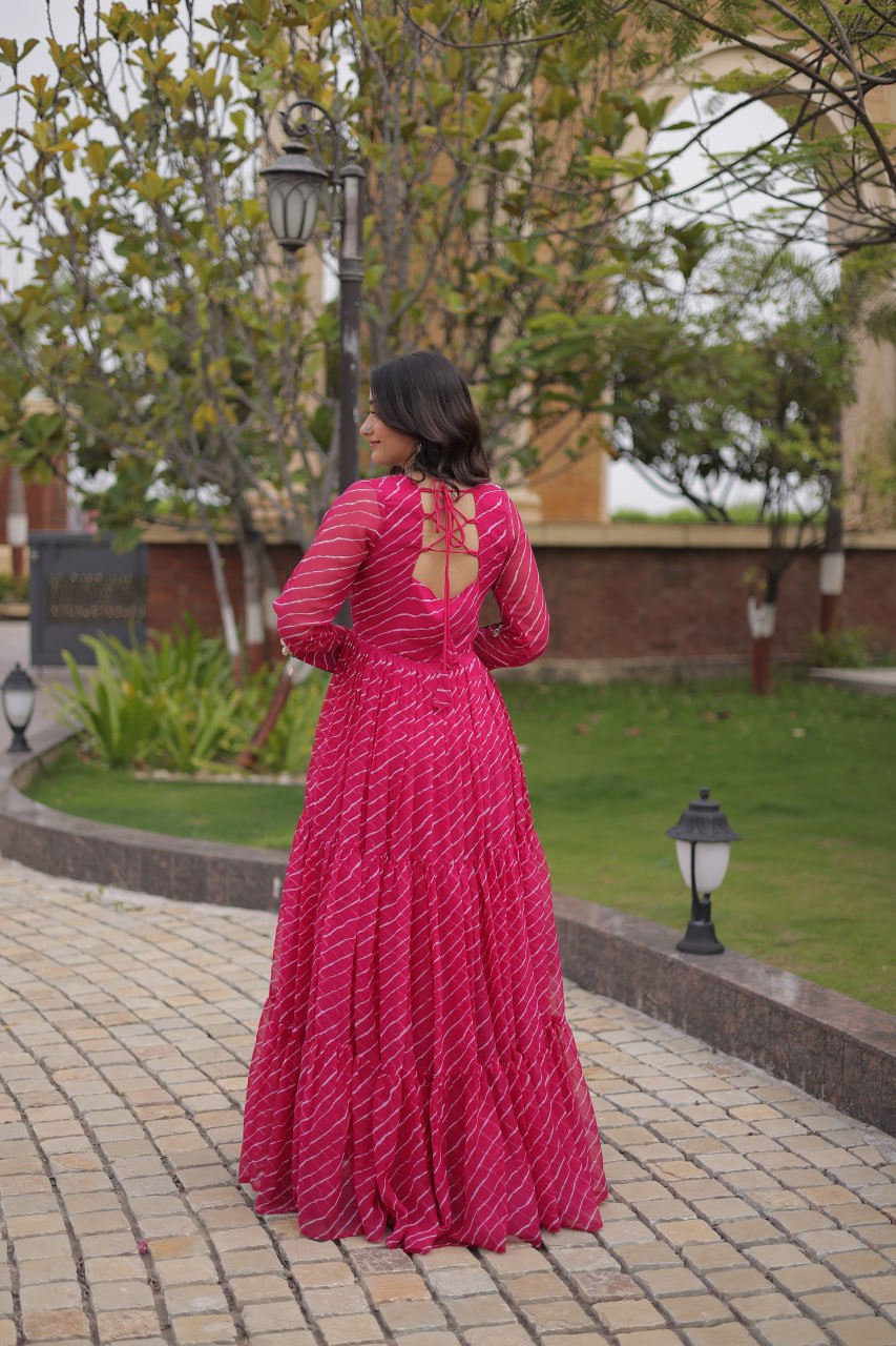 Festive Magenta Bandhani Print Anarkali Gown with Multicolour Mirror Work Embroidered Yoke