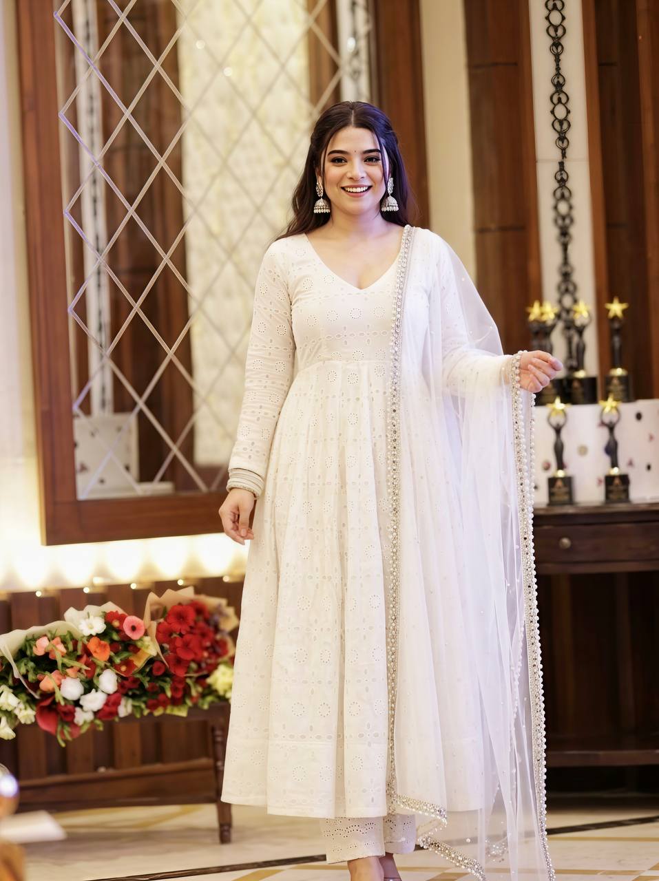 Elegant Ivory White Pure Cotton Anarkali Suit