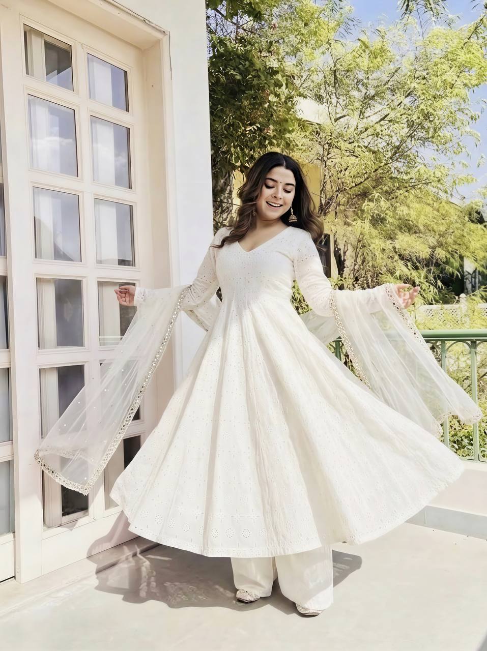 Elegant Ivory White Pure Cotton Anarkali Suit